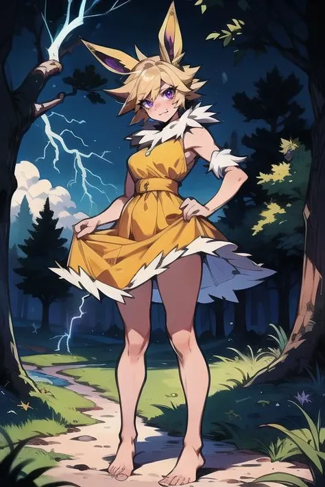 (masterpiece:1.2), best quality, (blonde hair, animal ears, spiked hair, flipped hair, fur trim, purple eyes, fang), night, forest background, standing, dress lift, barefoot, yellow dress, electric magic, glowing, lightning, detailed background, detailed face, detailed eyes, <lora:gijinka_jolteon:0.7>