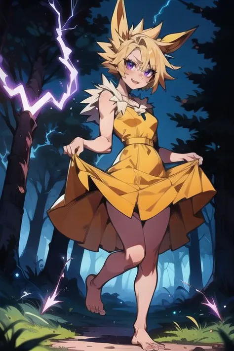 (masterpiece:1.2), best quality, (blonde hair, animal ears, spiked hair, flipped hair, fur trim, purple eyes, fang), night, forest background, standing, (dress lift:1.2), barefoot, yellow dress, electric magic, glowing, (lightning:1.2), detailed background, detailed face, detailed eyes, <lora:gijinka_jolteon:0.7>