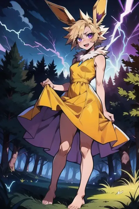 (masterpiece:1.2), best quality, (blonde hair, animal ears, spiked hair, flipped hair, fur trim, purple eyes, fang), night, forest background, standing, (dress lift:1.2), barefoot, yellow dress, electric magic, glowing, (lightning:1.2), detailed background, detailed face, detailed eyes, <lora:gijinka_jolteon:0.7>