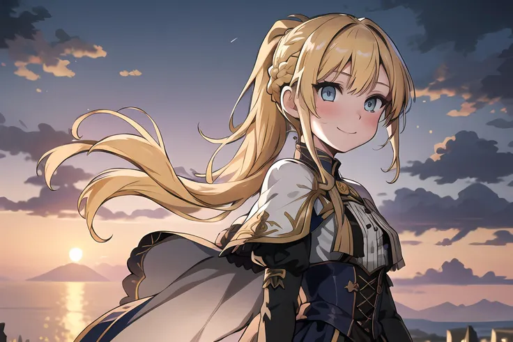 best quality, masterpiece, extremely detailed, detailed background, 1girl, solo, yellow hair, blue eyes, braid, long hair, wavy hair, fluffy hair, ponytail, french braid, blush, smile, capelet, lace trim, bodice, sunset, dusk, scenery, high place, horizon, wind, wind blow, flowerbed, looking at viewer, depth of field, bokeh