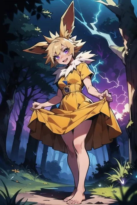 (masterpiece:1.2), best quality, (blonde hair, animal ears, spiked hair, flipped hair, fur trim, purple eyes, fang), night, forest background, standing, (dress lift:1.2), barefoot, yellow dress, electric magic, glowing, (lightning:1.2), detailed background, detailed face, detailed eyes, <lora:gijinka_jolteon:0.7>