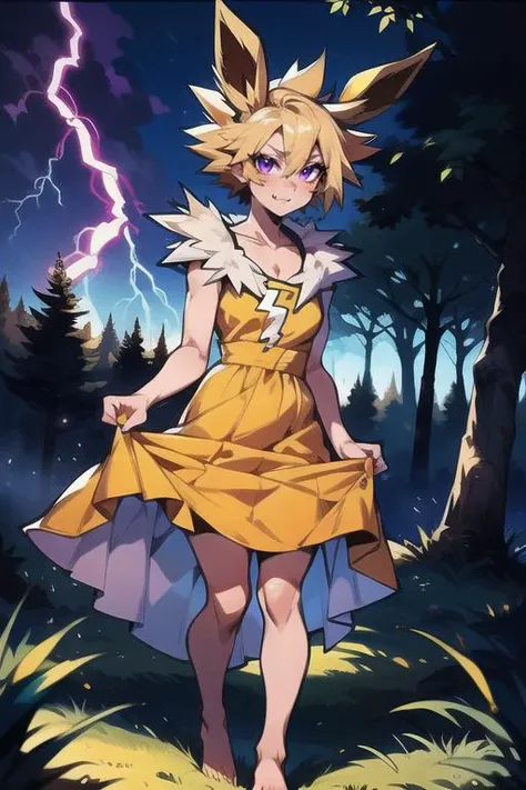 (masterpiece:1.2), best quality, (blonde hair, animal ears, spiked hair, flipped hair, fur trim, purple eyes, fang), night, forest background, standing, (dress lift:1.2), barefoot, yellow dress, electric magic, glowing, (lightning:1.2), detailed background, detailed face, detailed eyes, <lora:gijinka_jolteon:0.7>