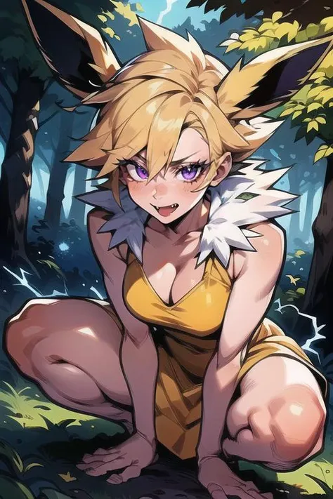 (masterpiece:1.2), best quality, (blonde hair, animal ears, spiked hair, flipped hair, fur trim, purple eyes, fang), night, forest background, crouching, barefoot, yellow dress, electric magic, glowing, lightning, detailed background, detailed face, detailed eyes, <lora:gijinka_jolteon:0.7>