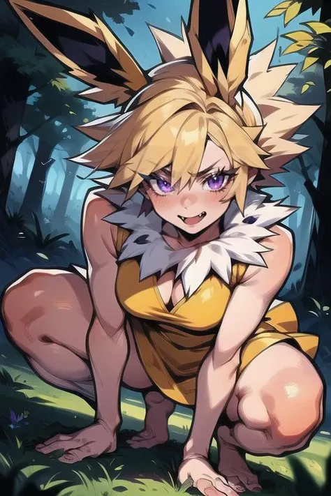 (masterpiece:1.2), best quality, (blonde hair, animal ears, spiked hair, flipped hair, fur trim, purple eyes, fang), night, forest background, crouching, barefoot, yellow dress, electric magic, glowing, lightning, detailed background, detailed face, detailed eyes, <lora:gijinka_jolteon:0.7>