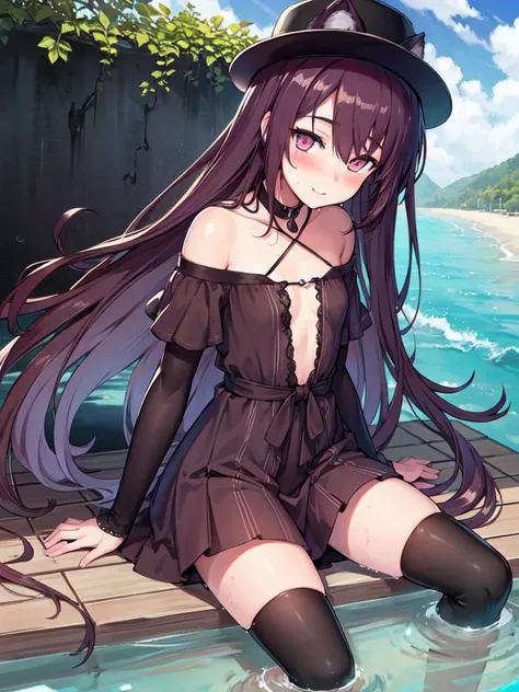 1girl,Melantha_skin, solo,extremely detailed,best quality,highly detailed,masterpiece,ultra-detailed,illustration,finely detail,extremely detailed CG unity 8k wallpaper,8k_wallpaper,extremely detailed CG,best quality,extremely_detailed_eyes_and_face,an extremely delicate and beautiful girl,beautiful detailed eyes,an extremely delicate and beautiful,dramatic_angle, detailed super oily shiny skin,detailed emotion,petite, small breasts, , detailed water eyes,black skirt, light blush,light blush,light smile, black thighhighs, sunshine,beach,wet clothes, wet hair, boots, sit on the water,beautiful water, hat