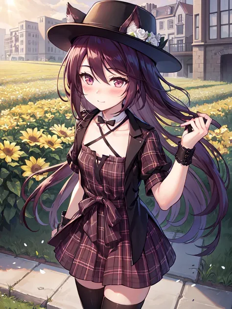1girl,Melantha_skin, solo,extremely detailed,best quality,highly detailed,masterpiece,ultra-detailed,illustration,finely detail,extremely detailed CG unity 8k wallpaper,8k_wallpaper,extremely detailed CG,best quality,extremely_detailed_eyes_and_face,an extremely delicate and beautiful girl,beautiful detailed eyes,an extremely delicate and beautiful,dramatic_angle, detailed super oily shiny skin,detailed emotion,petite, small breasts,black skirt,light blush,light smile, black thighhighs, sunlight, hat, petals, flower field, flowery meadow, outdoors,plaid skirt, plaid