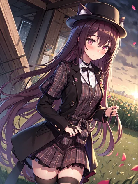 1girl,Melantha_skin, solo,extremely detailed,best quality,highly detailed,masterpiece,ultra-detailed,illustration,finely detail,extremely detailed CG unity 8k wallpaper,8k_wallpaper,extremely detailed CG,best quality,extremely_detailed_eyes_and_face,an extremely delicate and beautiful girl,beautiful detailed eyes,an extremely delicate and beautiful,dramatic_angle, detailed super oily shiny skin,detailed emotion,petite, small breasts,black skirt,light blush,light smile, black thighhighs, sunlight, hat, petals, flower field, flowery meadow, outdoors,plaid shirt, plaid, collarbow