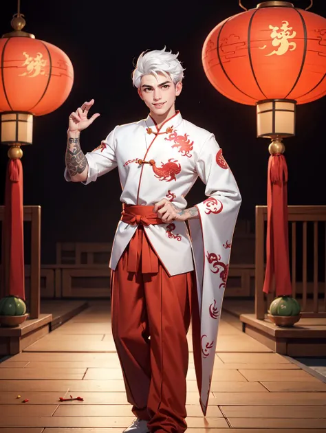 looking at viewer, Amidst the Chinese New Year festivities of the Dragon, a (handsome young man:1.1)( dons traditional attire:1.5). His clothing reveals chiseled muscles and tattoos, with a red shirt featuring golden dragon embroidery and snug, red trousers adorned with fireworks motifs. Completing the look are golden shoes.
he stands against a backdrop of gleaming red and gold lanterns on a stage filled with music and firecrackers. The man's tattoos, depicting dragons and Chinese symbols, underscore his cultural connection. With a radiant smile, he extends blessings for the year ahead, encapsulating the spirit of joy and community celebration. His masculine, youthful, and tender features exude warmth and charm, adding to the festive atmosphere of the occasion,
<lora:GoodHands-beta2:0.8>, dynamic pose,
<lora:LincolnLoud1-10:0.6> lincoln loud, brown eyes, white hair, smooth hair cut, masterpiece, 4k, high quality, highres, absurdres,