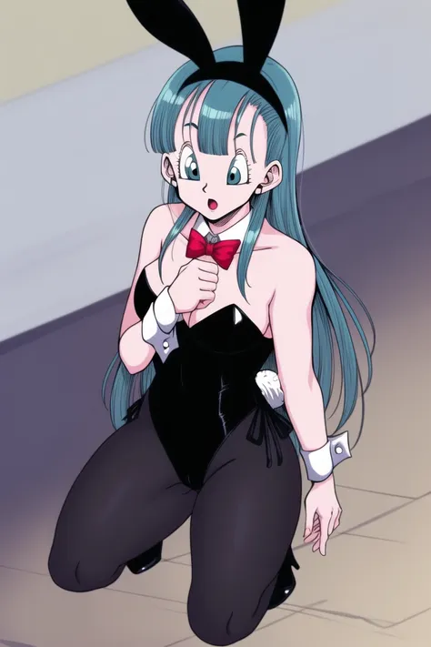 bulma, 1girl, full_body, playboy_bunny, black_unitard, bunny_ears, long_hair, bangs  <lora:Bulma:0.7>