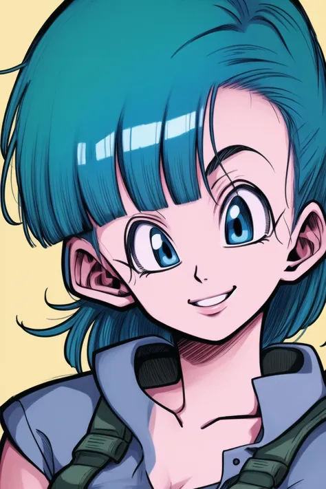 bulma, 1girl, portrait, smile, detailed_shading, bangs  <lora:Bulma:0.7>