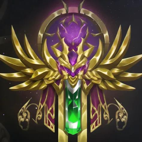 weapon, horns, demon wings, gem, light particles, glowing, fantasy, golden wings, black background, <lora:Badge_M:1>