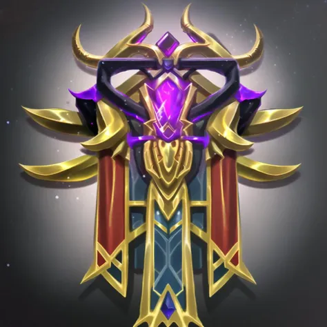 weapon, horns, demon wings, gem, light particles, glowing, fantasy, golden wings, black background, <lora:Badge_M:1>
