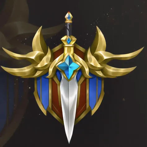 Badge, Beast Head, Glory, Victory, Silver Wings, Silver Sword, Blue Gem, Blue Flag,  <lora:Badge_M-000003:1>