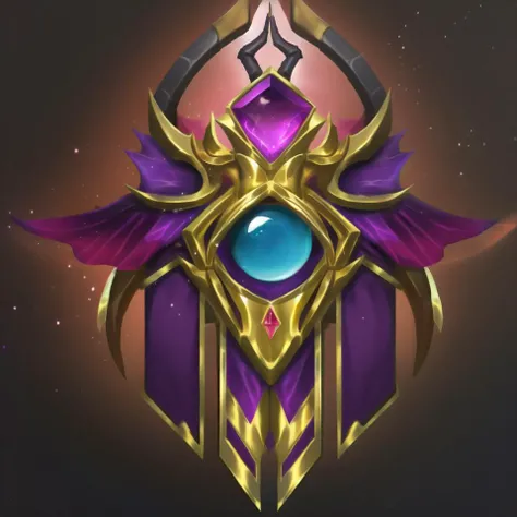 horns, demon wings, gem, light particles, glowing, fantasy, golden wings, multiple wings, black background, <lora:Badge_M:1>