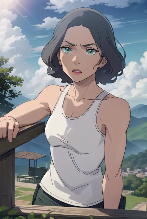 avatarlin, <lora:avatar lin-lora-nochekaiser:1>,
lin, short hair, grey hair, (green eyes:1.5),
BREAK pants, tank top, white tank top,
BREAK outdoors, forest, nature, grass, trees, sun, sky, clouds,
BREAK looking at viewer, (cowboy shot:1.5),
BREAK <lyco:GoodHands-beta2:1>, (masterpiece:1.2), best quality, high resolution, unity 8k wallpaper, (illustration:0.8), (beautiful detailed eyes:1.6), extremely detailed face, perfect lighting, extremely detailed CG, (perfect hands, perfect anatomy),