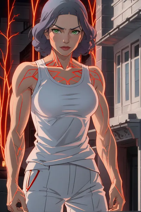 masterpiece, best quality, solo, smirk, looking at viewer, mature female, <lora:avatar lin-lora-nochekaiser:1> lin, short hair, grey hair, (green eyes), pants, tank top, white tank top, <lora:glowingveins-nvwls-v1:0.8> glowingveins, red theme