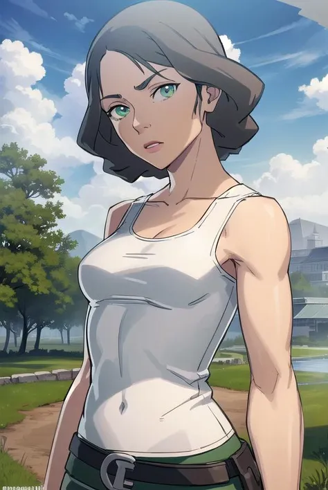 avatarlin, <lora:avatar lin-lora-nochekaiser:1>,
lin, short hair, grey hair, (green eyes:1.5),
BREAK pants, tank top, white tank top,
BREAK outdoors, forest, nature, grass, trees, sun, sky, clouds,
BREAK looking at viewer, (cowboy shot:1.5),
BREAK <lyco:GoodHands-beta2:1>, (masterpiece:1.2), best quality, high resolution, unity 8k wallpaper, (illustration:0.8), (beautiful detailed eyes:1.6), extremely detailed face, perfect lighting, extremely detailed CG, (perfect hands, perfect anatomy),