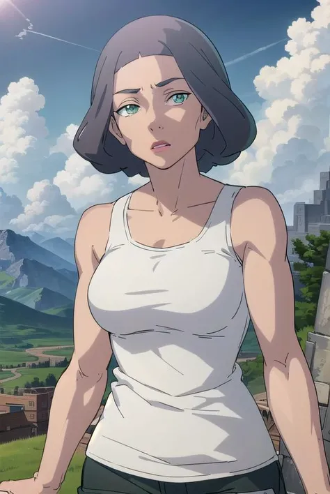 avatarlin, <lora:avatar lin-lora-nochekaiser:1>,
lin, short hair, grey hair, (green eyes:1.5),
BREAK pants, tank top, white tank top,
BREAK outdoors, forest, nature, grass, trees, sun, sky, clouds,
BREAK looking at viewer, (cowboy shot:1.5),
BREAK <lyco:GoodHands-beta2:1>, (masterpiece:1.2), best quality, high resolution, unity 8k wallpaper, (illustration:0.8), (beautiful detailed eyes:1.6), extremely detailed face, perfect lighting, extremely detailed CG, (perfect hands, perfect anatomy),