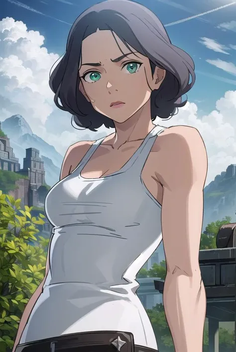 avatarlin, <lora:avatar lin-lora-nochekaiser:1>,
lin, short hair, grey hair, (green eyes:1.5),
BREAK pants, tank top, white tank top,
BREAK outdoors, forest, nature, grass, trees, sun, sky, clouds,
BREAK looking at viewer, (cowboy shot:1.5),
BREAK <lyco:GoodHands-beta2:1>, (masterpiece:1.2), best quality, high resolution, unity 8k wallpaper, (illustration:0.8), (beautiful detailed eyes:1.6), extremely detailed face, perfect lighting, extremely detailed CG, (perfect hands, perfect anatomy),