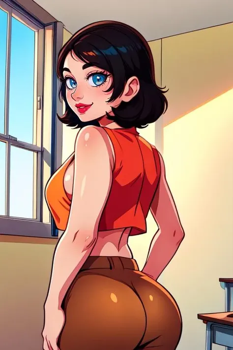 keane,short black hair,blue eyes, from below,
orange shirt, open red vest,brown pants, hips,
,smile,upper body, cleavage, cameltoe,
solo, from behind,
classroom, ,window,
(insanely detailed, beautiful detailed face, beautiful detailed eyes, masterpiece, best quality), <lora:keane:0.8>