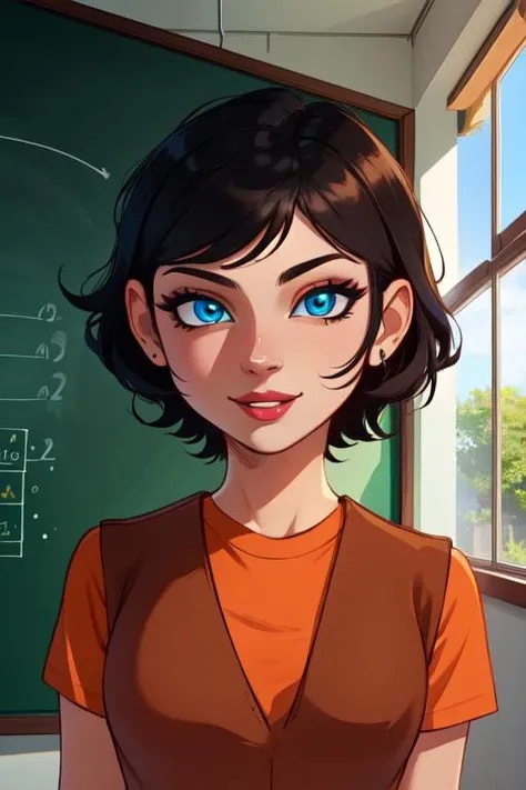 keane,short black hair,blue eyes,short hair,
orange shirt,red vest,brown pants,
standing,smile,upper body,
classroom,chalkboard,window,
(insanely detailed, beautiful detailed face, beautiful detailed eyes, masterpiece, best quality), <lora:keane:0.8>