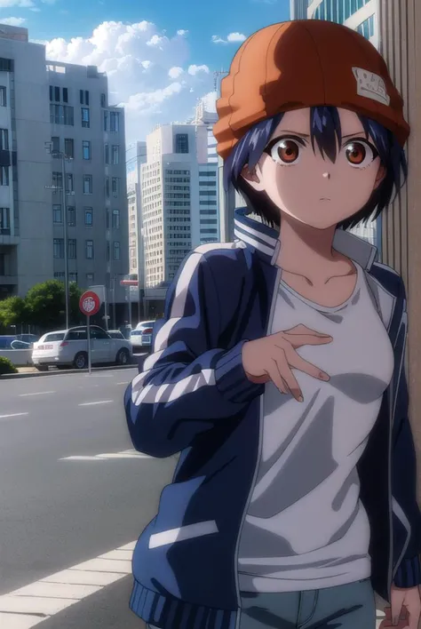 fuukoizumo, <lyco:fuuko izumo s1-lyco-nochekaiser:1>,
fuuko izumo, black hair, hair between eyes, (brown eyes:1.5), short hair,
BREAK shirt, white shirt, jacket, open jacket, pants, denim, beanie, (red beanie:1.2),
BREAK outdoors, city, sky, clouds, sun,
BREAK looking at viewer, (cowboy shot:1.5),
BREAK <lyco:GoodHands-beta2:1>, (masterpiece:1.2), best quality, high resolution, unity 8k wallpaper, (illustration:0.8), (beautiful detailed eyes:1.6), extremely detailed face, perfect lighting, extremely detailed CG, (perfect hands, perfect anatomy),