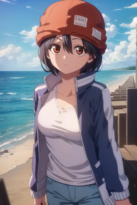 fuukoizumo, <lyco:fuuko izumo s1-lyco-nochekaiser:1>,
fuuko izumo, black hair, hair between eyes, (brown eyes:1.5), short hair,
BREAK shirt, white shirt, jacket, open jacket, pants, denim, beanie, (red beanie:1.2),
BREAK outdoors, city, sky, clouds, sun,
BREAK looking at viewer, (cowboy shot:1.5),
BREAK <lyco:GoodHands-beta2:1>, (masterpiece:1.2), best quality, high resolution, unity 8k wallpaper, (illustration:0.8), (beautiful detailed eyes:1.6), extremely detailed face, perfect lighting, extremely detailed CG, (perfect hands, perfect anatomy),