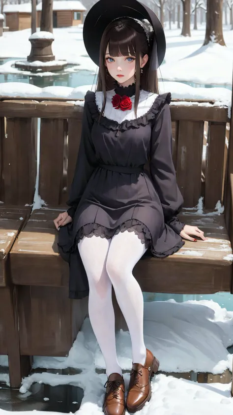 masterpiece, best quality, winter, snow field, 1girl, bangs, blue eyes, blunt bangs, bonnet, brown footwear, brown hair, dress, frills, fruit, full body, hat, long hair, long sleeves, looking at viewer, purple dress, red flower, red rose, rose, shoes, sitting, solo, sky, sun, mountain, forest, lake,
,white pantyhose,tutubs,pantyhose, 
 <lora:tutubs_0001:0.65>