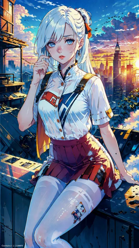 (masterpiece, top quality, best quality, official art, beautiful and aesthetic:1.2), (1girl), (traveler with worn-out clothes:1.4), extreme detailed eyes, (perfect face), shiny skin, colorful, highest detailed, vibrant colors, ultra high res, (high contrast), intricate, lens flare, (cloudy sky, sunset:1.2), (city), skirt,
,white pantyhose,tutubs,pantyhose,
<lora:tutubs_0001:0.65>