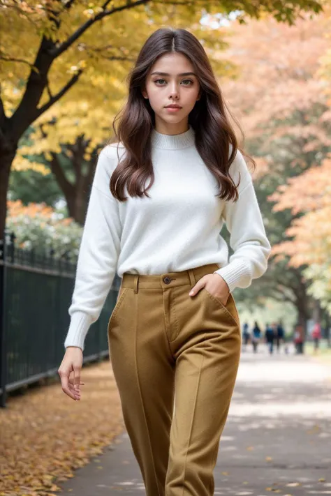 photo of cute sweet beautiful (S107_AlissaFoxy:0.99), (((walking in a park in fall))), modelshoot style, (extremely detailed CG unity 8k wallpaper), photo of the most beautiful artwork in the world, professional majestic (photography by Steve McCurry), 8k uhd, dslr, soft lighting, high quality, (film_grain:1.2), (bokeh, blurry foreground, blurry background), Fujifilm XT3 sharp focus, f 5.6, High Detail, Sharp focus, dramatic, (((cashmere_longsleeve, chino_pants))), (looking at viewer:1.2), (detailed pupils:1.3), (natural light), (((medium-long shot:1.3)))