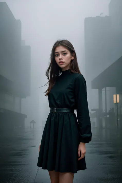 photo of cute sweet beautiful (S107_AlissaFoxy:0.99), (looking at viewer:1.3), in a dark foggy rainy dystopian ((city)), (rain), ((black dress)), (detailed pupils:1.3), (extremely detailed CG unity 8k wallpaper), photo of the most beautiful artwork in the world, professional majestic (photography by Steve McCurry), 8k uhd, dslr, soft lighting, high quality, (film_grain:1.2), (bokeh, blurry foreground, blurry background), Fujifilm XT3 sharp focus, f 5.6, High Detail, Sharp focus, dramatic, interstellar, film grain, Surrealism. Dreamy dim daylight. Minimalism, emptiness, spaciousness. Faint accent lights, horror photography, misty and foggy atmosphere, (((medium-long shot:1.5)))