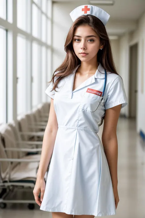 photo of cute sweet beautiful (S107_AlissaFoxy:0.99), (((standing in a hospital))), modelshoot style, (extremely detailed CG unity 8k wallpaper), photo of the most beautiful artwork in the world, professional majestic (photography by Steve McCurry), 8k uhd, dslr, soft lighting, high quality, (film_grain:1.2), (bokeh, blurry foreground, blurry background), Fujifilm XT3 sharp focus, f 5.6, High Detail, Sharp focus, dramatic, (((wearing nurse_dress))), (looking at viewer:1.2), (detailed pupils:1.3), (natural light), (medium-long shot:1.3)