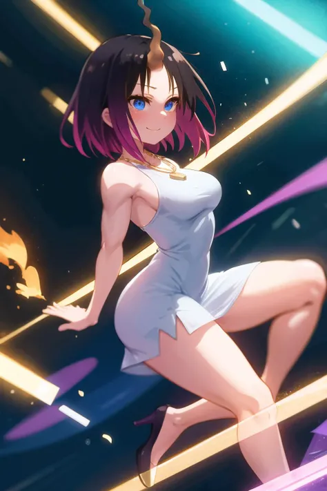 masterpiece, perfect lighting, (beautiful, best quality:1.3), perfect eyes, absurdres, 8k,
1girl, solo, (absurdres), finely detail, smile,
<lora:Elma MaidDragon V1:0.7>, short hair, black hair, blue eyes, elma_maiddragon, multicolored hair, purple hair, medium breasts, (single horn:1.2),
intricate,(full-body-shot:0.5), (dynamic angle:1.2), (dynamic pose:1.2),
dress, (short dress:1.3), gold necklace,