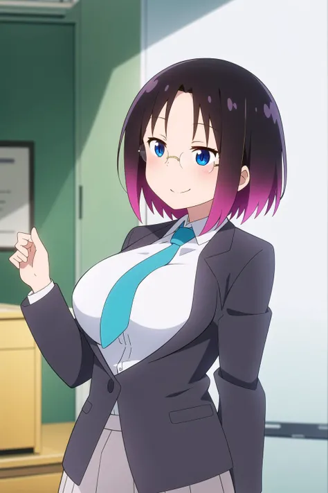 masterpiece, perfect lighting, (beautiful, best quality:1.3), perfect eyes, absurdres, 8k,
1girl, solo, (absurdres), finely detail, smile,
<lora:Elma MaidDragon V1:0.7>, short hair, black hair, blue eyes, elma_maiddragon, multicolored hair, purple hair, large breasts,
skirt, large breasts, shirt, jacket, white shirt, glasses, collared shirt, blue necktie, black jacket, office lady,