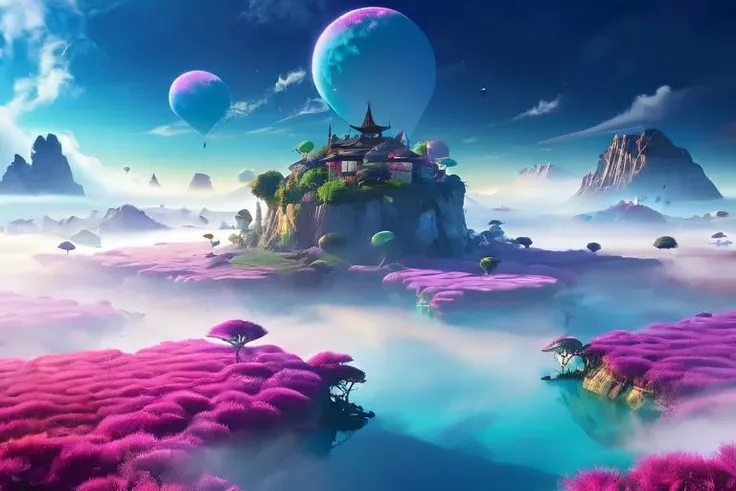 a vivid image of a surreal landscape where the sky is a blend of colors, and floating islands are surrounded by mist