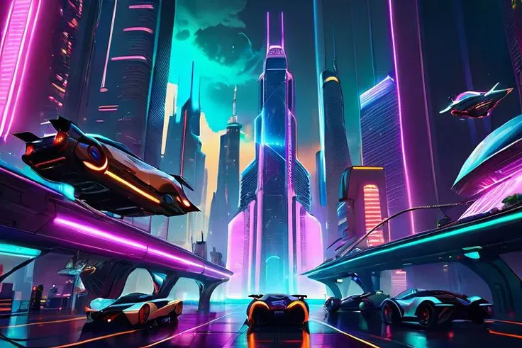 imaginative scene featuring a futuristic cityscape with towering skyscrapers, flying cars, and neon lights illuminating the night