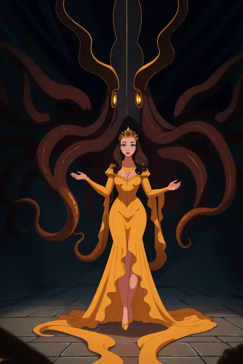 best quality, highres, high detail, sharp focus, soft glow, cinematic shadow, artistic lighting.
<lora:Hastur-000001:1>
A fullbody beautiful brunette princess in a glittering gown that trails into hastur, king in yellow tentacles.