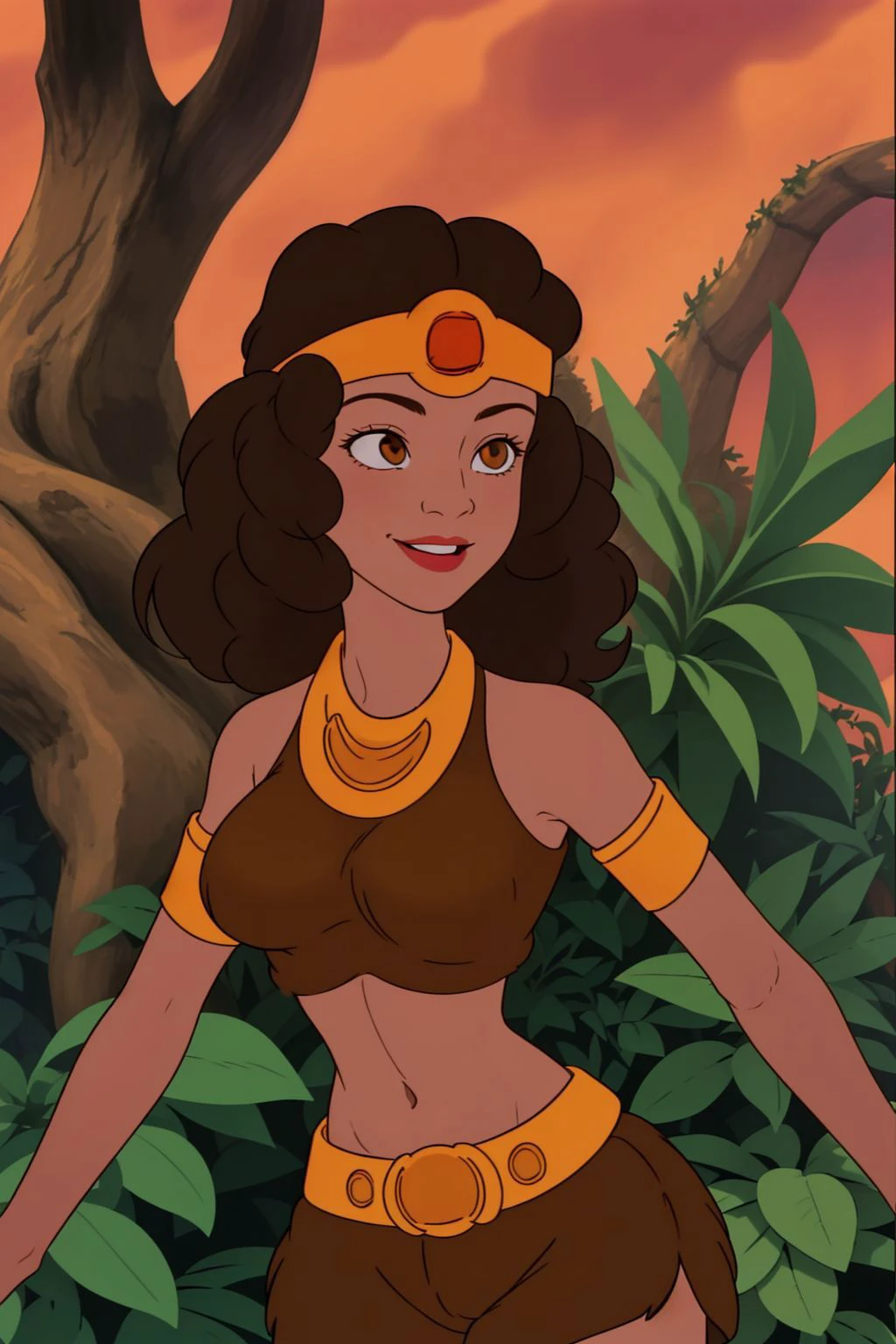 diana <lora:diana_dnd_V1:1>, upper body, pelt, forest background, midriff, smile, navel, brown top, brown shorts, gold headband, gold armlet, gold necklace, gold belt, red gemstone, absurdres