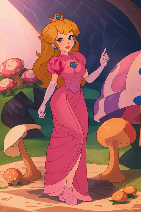highres, masterpiece, perfect ligthing, bloom, cinematic lighting, adult, perfect skin, female, looking at viewer, full body shot, smile, narrow waist, skinny, <lora:PrincessPeachMovie:0.6>, (PrincessPeach), (Princess Peach), (Pink Dress), detailled eyes, blue eyes, sensual, mushrooms,mushroom kingdom, pink lips, ((glossy lips)), pursed lips, glossy skin, oily skin, beautiful light, (day:1.3), bright,<lora:PrincessPeachMovie-000004:0.5>