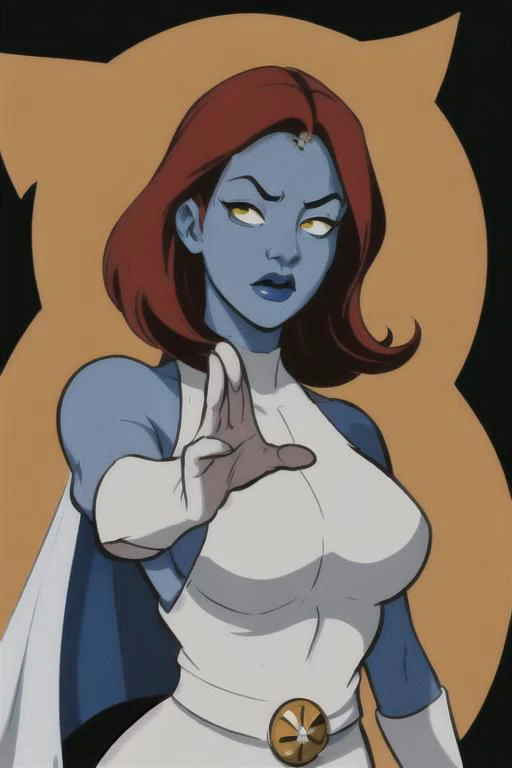 (masterpiece),
1girl, upper body,
redhead, blue skin, white robe, yelllow eyes,
CARTOON_X_MEN90s_Mystique_ownwaifu,
ScottPilgrim Style,
floating hair,
OverallDetail,
sexy pose,
HDR, highly detailed, 32k,
godly light,
black background,
perfect face feature,