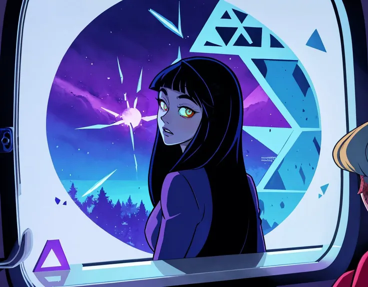 three cornered window, back of head shot of (woman looking out of triangle window:1.1), 3rd person, Looking out the triangular window of a (train:1.1) with triangular windows, triangular windows and triangular, wheels, in a fantasy world,
psychedelic, geometric, vivid light, high contrast, triadic colors, dark shadows, explosions, nuclear mushroom cloud, nuclear explosion, dystopian nightmare,
(beautiful composition),
21 yo woman,