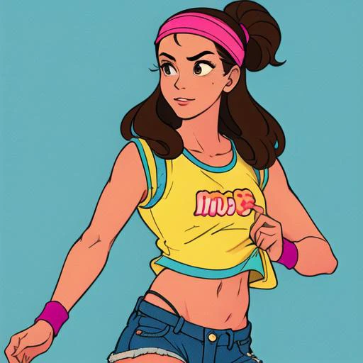 1girl, 27 y.o, brown hair, medium fringe, 80s frizzy hair, high res, 80s croptop, jeanshorts, sweatbands, headband