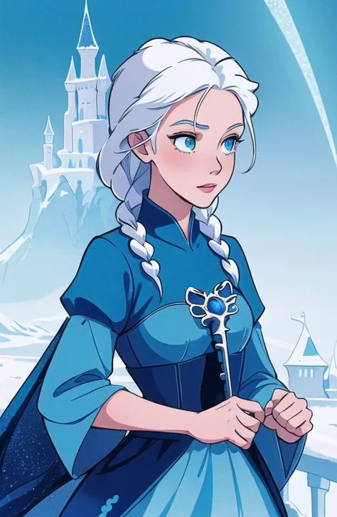 1girl, 27 y.o, Elsa, closeup, white hair, medium spikey hair, braid, high res, long sparkly blue dress, sleeves, skinny , disney key visual, at the neon (arctic castle:1.2)