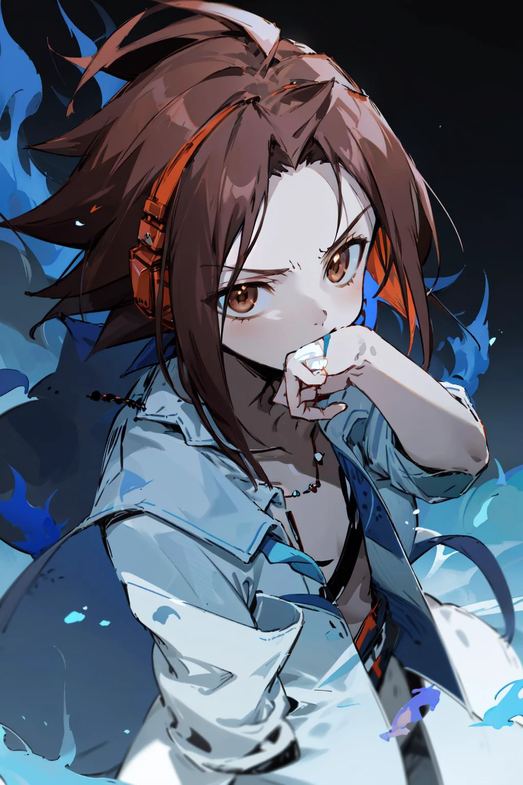 <lora:AsakuraYoh:.75>, asakurayoh, 1boy, brown hair, brown eyes, orange headphones, necklace, white shirt, open shirt, parted bangs, chest, <lyco:wiping mouth:1.0>, hand on face, wiping mouth, outdoors, blue fire, fire, (blue tones:1.5), blue flames, hard light, dramatic lighting, from above: