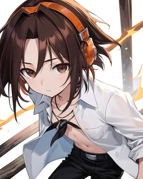 best quality, masterpiece, highres, detailed, perfect anatomy,  <lora:Detail - add_detail:0.2>,  <lora:AsakuraYoh:0.75>, 1boy, brown hair, brown eyes, orange headphones, open shirt, white shirt, black pants, parted bangs, necklace, spirit, day, school, holding wooden sword