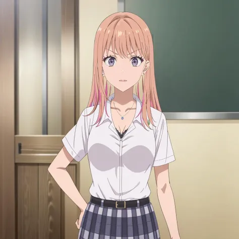 <lora:NikoruYamana001:0.7>,
NikoruYamana,1girl,
stud earrings,
necklace,
collarbone,cleavage,school uniform,black bra,collared shirt,short sleeves,
belt,pleated skirt,
white socks,loafers,