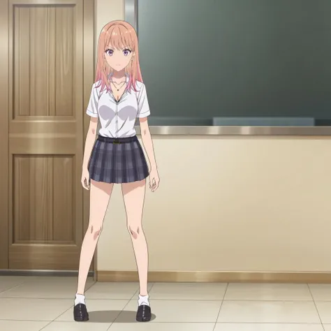 <lora:NikoruYamana001:0.7>,
NikoruYamana,1girl,
stud earrings,
necklace,
collarbone,cleavage,school uniform,black bra,collared shirt,short sleeves,
belt,pleated skirt,
white socks,loafers,
full body,