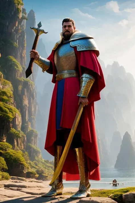full body portrait of a muscular knight wearing a red robe holding a large axe, beautiful landscape, d & d, fantasy, highly detailed, digital painting, trending on artstation, concept art, sharp focus, illustration, art by artgerm and greg rutkowski and alphonse mucha, cinematic, elegant, hyperrealistic, octane render, unreal, high definition, 8k resolution, highly detailed, photo taken with Sony a7R camera, DSLR lens