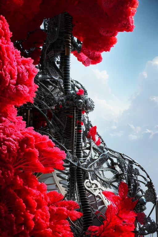 complex 3d render ultra detailed of a beautiful death angel, biomechanical cyborg, analog, 150 mm lens, beautiful natural soft rim light, big leaves and stems, roots, fine foliage lace, colorful details, samourai, Boris Bidjan Saberi outfit, pearl earring, piercing, art nouveau fashion embroidered, intricate details, mesh wire, mandelbrot fractal, anatomical, facial muscles, cable wires, microchip, badass, hyper realistic, ultra detailed, octane render, volumetric lighting, 8k post-production, red and white with a bit of black, detailled metalic bones, semi human, iridescent colors, Glenn Brown style, white room, power of the god, high-angle shot, complex body poses