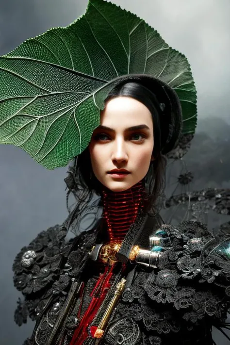 complex 3d render ultra detailed of a beautiful death angel, biomechanical cyborg, analog, 150 mm lens, beautiful natural soft rim light, big leaves and stems, roots, fine foliage lace, colorful details, samourai, Boris Bidjan Saberi outfit, pearl earring, piercing, art nouveau fashion embroidered, intricate details, mesh wire, mandelbrot fractal, anatomical, facial muscles, cable wires, microchip, badass, hyper realistic, ultra detailed, octane render,  volumetric lighting, 8k post-production, red and white with a bit of black, detailled metalic bones, semi human, iridescent colors, Glenn Brown style, white room, power of the god, high-angle shot, complex body poses